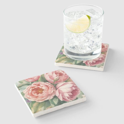 Vintage Big Pink Flowers Steinuntersetzer (Seitenansicht)