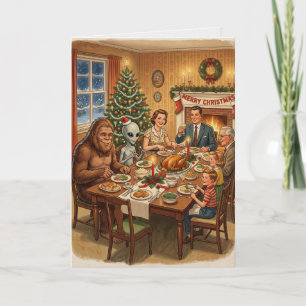 Vintage-Bigfoot-Alien-Weihnachtsessen Karte