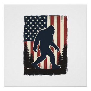 Vintage-Bigfoot-Amerikanische-Flagge-Wald-Vektorde Poster