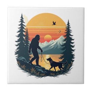 Vintage Bigfoot gehender Hund Berg Sonnenuntergang Fliese