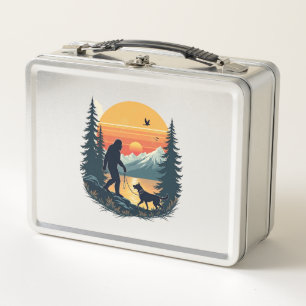 Vintage Bigfoot gehender Hund Berg Sonnenuntergang Metall Brotdose
