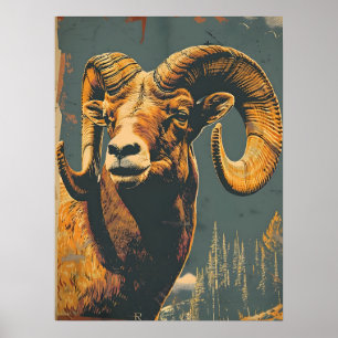 Vintage Bighorn Sheep Illustration Poster