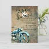 Vintage Biker Wedding Motorcycle Blue Einladung (Stehend Vorderseite)