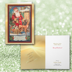 Vintage-Bild Santa mit Rentieren roter Rahmen Weih Karte