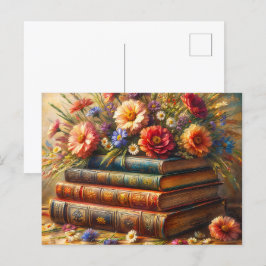 Vintage Bilderfassung mit floralen Buchstapeln Postkarte