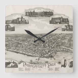 Vintage bildhafte Karte von Narragansett RI (1888) Quadratische Wanduhr