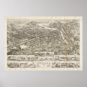 Vintage bildhafte Karte von Nashua NH (1883) Poster