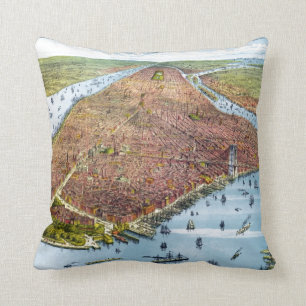 Vintage bildhafte Karte von New York City (1879) Kissen