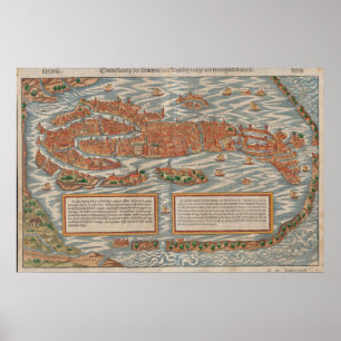 Vintage bildhafte Karte von Venedig Italien (1550) Poster