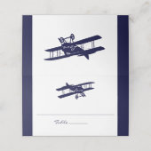 Vintage Biplane Dark Navy Blue Hochzeit Platzkarte (Außenseite Aufgefaltet)