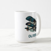 Vintage Biplane-Illustration in beschädigter Retro Kaffeetasse (VorderseiteRechts)