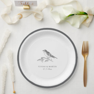 Vintage Bird Black and White Wedding Pappteller