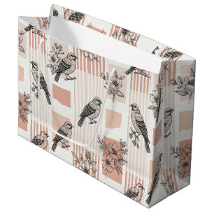 Vintage Bird Blossom Toile Streifen (11) Große Geschenktüte