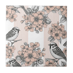 Vintage Bird Blossom Toile Streifen (1) Fliese
