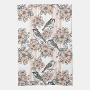 Vintage Bird Blossom Toile Streifen (1) Geschirrtuch