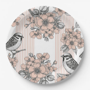 Vintage Bird Blossom Toile Streifen (2) Pappteller