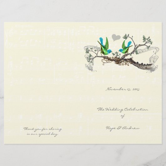 Vintage Birds Blau & Grün Hochzeitsprogramm (Vorderseite)