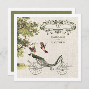 Vintage Birds- & Carriage Burlap Texture Wedding  Einladung