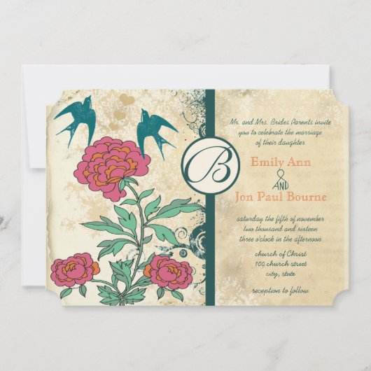 Vintage Birds Damask Cabbage Rose Hochzeit Einladu Einladung (Vorderseite)
