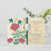 Vintage Birds Damask Cabbage Rose Hochzeit Einladu Einladung (Stehend Vorderseite)
