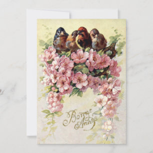 Vintage Birds & Flowers Bon Annee Feiertagskarte