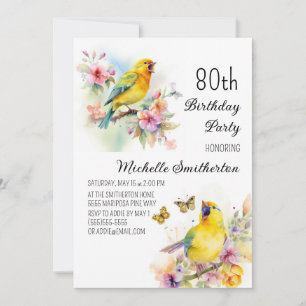Vintage Birds Kanarienvögel Blumen 80. Geburtstag Einladung