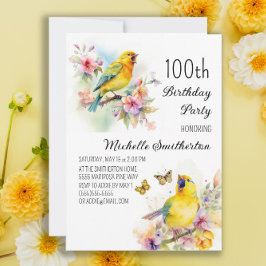 Vintage Birds Kanarische Blume 100. Geburtstag Einladung