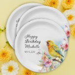 Vintage Birds Kanarische Blume glücklich Geburtsta Pappteller<br><div class="desc">Hübsche Vintage Geburtstagsfeier "Happy Geburtstag" maßgeschneiderte Teller mit einem gelben Kanariengesang in den Zweigen eines Baumes blühen mit Frühlingsblumen. Personalisiert mit dem Namen der Ehrengast in einem eleganten Drehbuch-Schriftart, zusammen mit ihrem Party-Datum. Kontaktieren Sie mich, um Hilfe bei Ihren Anpassungen zu erhalten oder um zusätzliche Matching oder Koordination von Zazzle...</div>