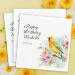 Vintage Birds Kanarische Blume glücklich Geburtsta Serviette<br><div class="desc">Hübsche Vintage Geburtstagsfeier "Happy Geburtday" individuelle Papierservietten mit gelbem Kanariengesang in den Zweigen eines Baumes blühend mit Frühlingsblumen. Personalisiert mit dem Namen der Ehrengast in einem eleganten Drehbuch-Schriftart, zusammen mit ihrem Party-Datum. Kontaktieren Sie mich, um Hilfe bei Ihren Anpassungen zu erhalten oder um zusätzliche Matching oder Koordination von Zazzle Produkten...</div>