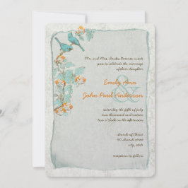 Vintage Birds Türkis und Orange Damask Hochzeit Einladung
