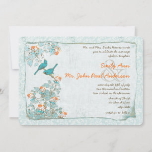Vintage Birds Türkis und Orange Damask Hochzeit Einladung