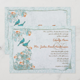 Vintage Birds Türkis und Orange Damask Hochzeit Einladung