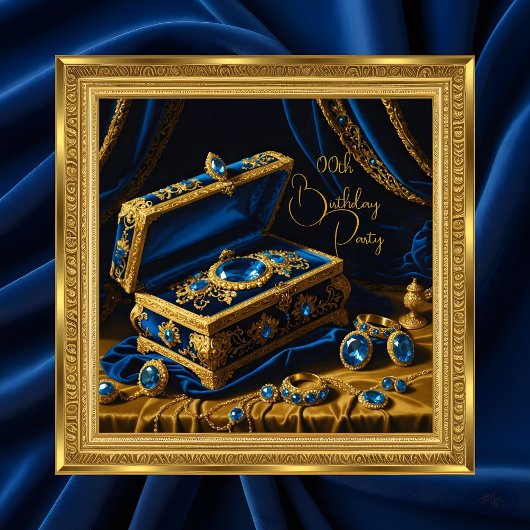 Vintage Birthday Gold Frame Blue Jewel Box Einladung