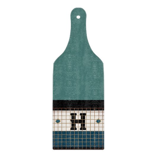 Vintage-Bistro-Fliese Türkis Monogramm Schneidebrett (Vorderseite)