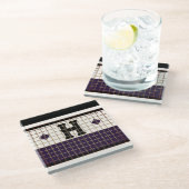 Vintage Bistro Tile Lila und Gold Monogramm Glasuntersetzer (Schrägansicht)