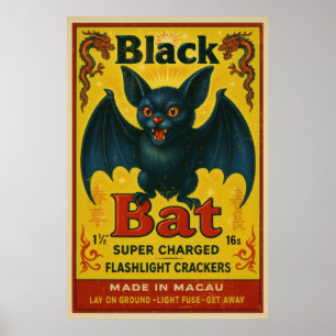 Vintage Black Bat Feuerwerksetikett-Poster Poster