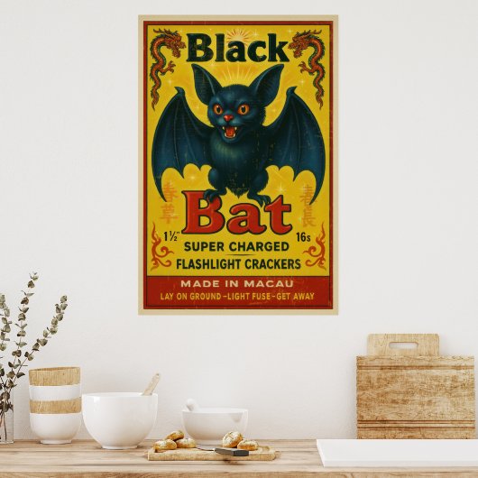 Vintage Black Bat Firecracker Label Poster (Küche)