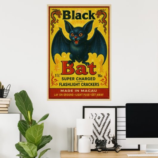 Vintage Black Bat Firecracker Label Poster (Heimbüro)
