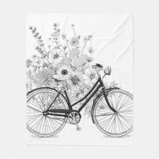 Vintage Black Bicycle Floral Sketch Blanket Fleecedecke