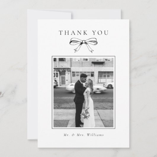 Vintage Black Bow Foto Flat Wedding Dankeskarte (Vorderseite)