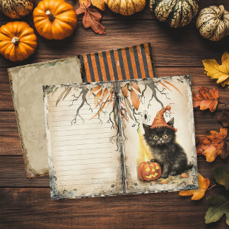 Vintage Black Cat Halloween Junk Journal-Seite