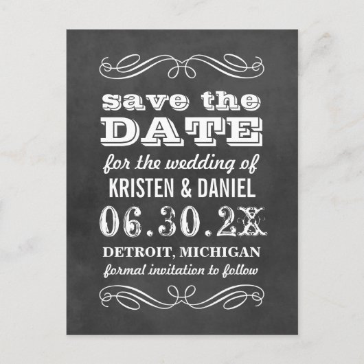 Vintage Black Chalkboard-Hochzeit Sichern Sie das Ankündigungspostkarte (Vorderseite)