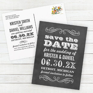 Vintage Black Chalkboard-Hochzeit Sichern Sie das Ankündigungspostkarte