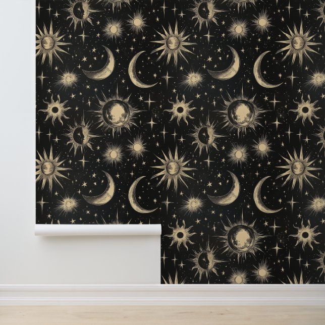 Vintage Black Chalkboard Night Sky Stars & Moons Tapete (Anwendung)