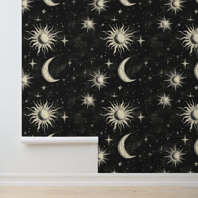 Vintage Black Chalkboard Night Sky Stars & Moons Tapete (Anwendung)
