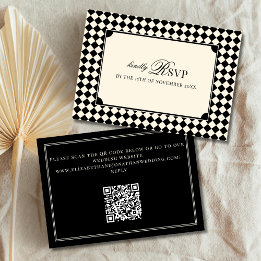 Vintage Black Checkered Old Money QR Code Wedding RSVP Karte