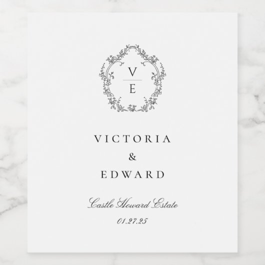 Vintage Black Crest Monogram Wedding Weinetikett (Einzelnes Label)