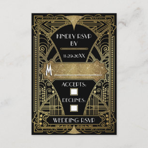 Vintage Black & Gold Art Deco RSVP Karten für Hoch