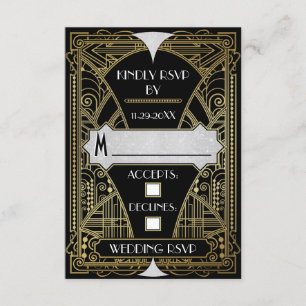Vintage Black & Gold Art Deco RSVP Karten für Hoch