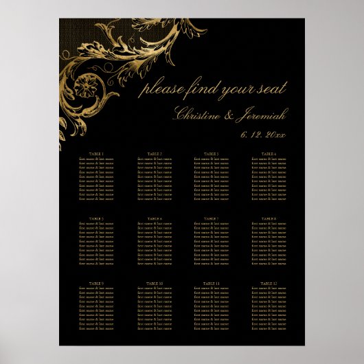 Vintage Black Gold Damask Hochzeitssitze Poster (Vorne)
